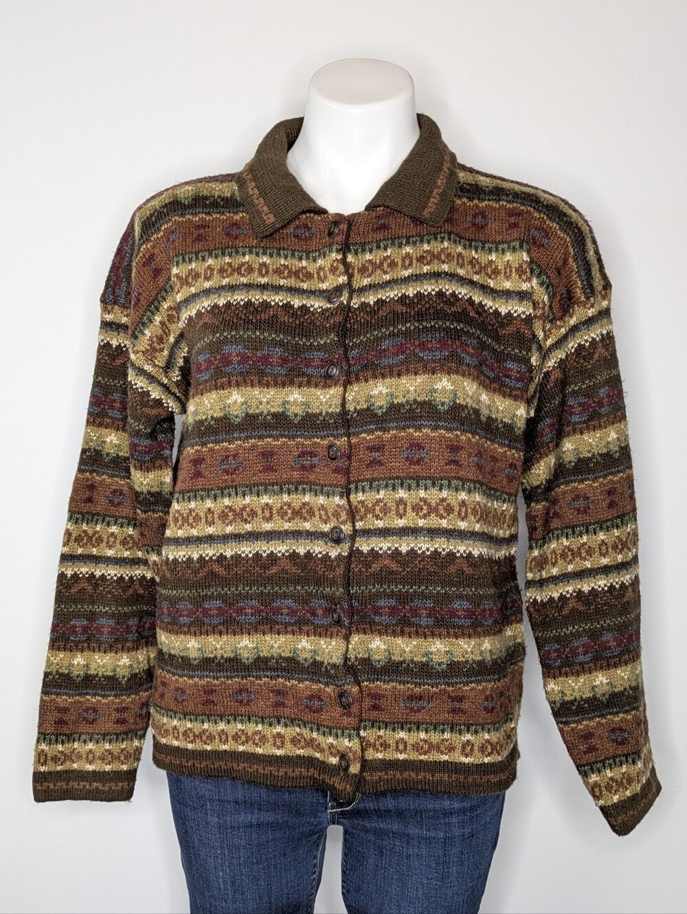 Vintage Kathy Ireland Brown Tan Striped Knit Long Sleeve Cardigan Sweater M